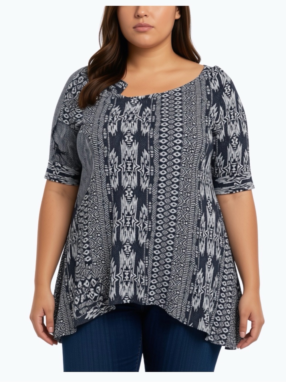 Plus Size Black, Gray, and White Fair Isle Patterned Short Sleeve Peplum Top